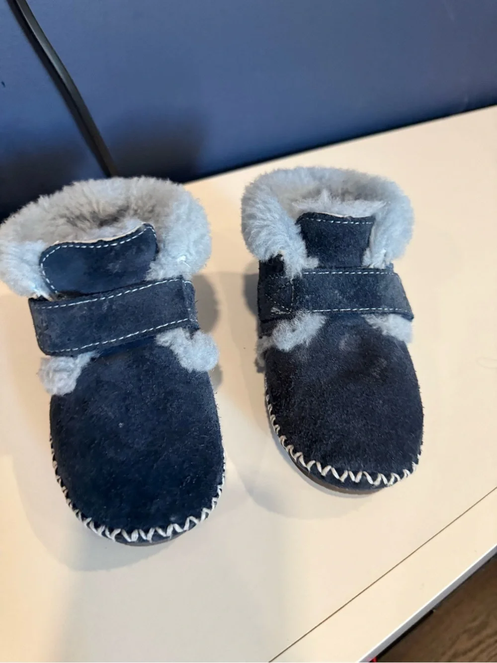 Toddler Navy Suede Genuine Sheepskin Fur booties - Cozy Winter